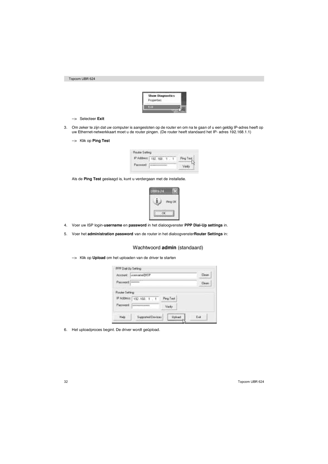 Topcom UBR 624 manual Wachtwoord admin standaard 