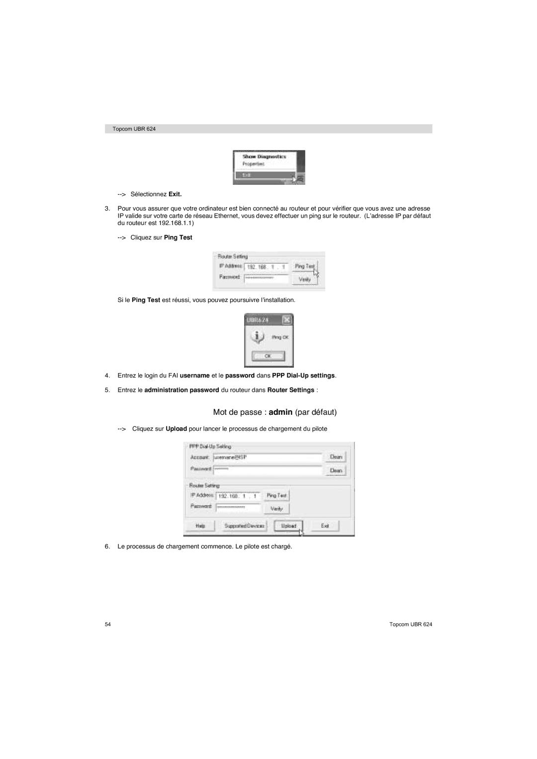 Topcom UBR 624 manual Mot de passe admin par défaut 