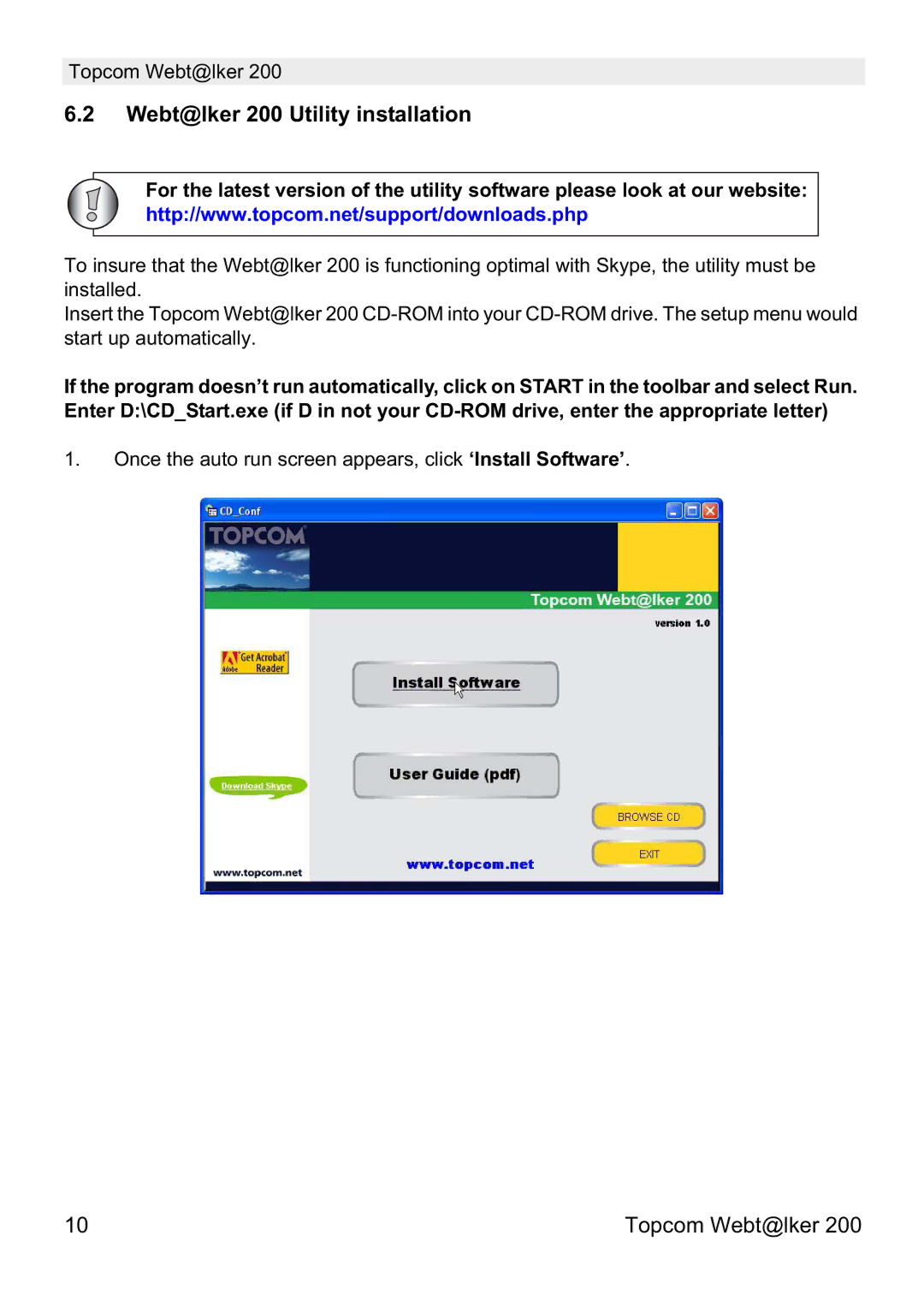 Topcom V 1.0 manual Webt@lker 200 Utility installation 