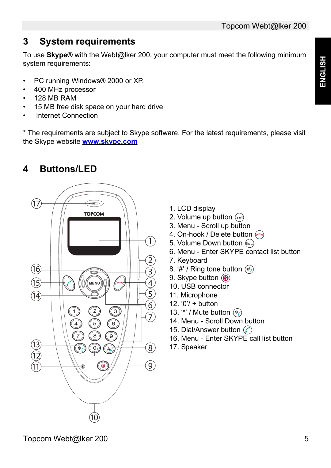 Topcom V 1.0 manual System requirements, Buttons/LED 