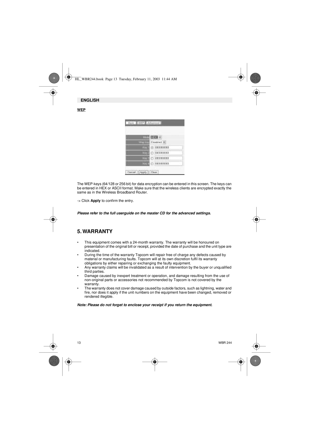 Topcom WBR 244 manual Warranty, Wep 