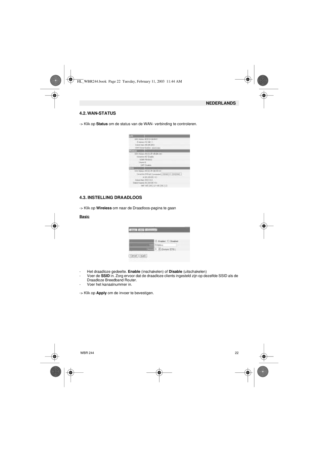 Topcom WBR 244 manual Nederlands WAN-STATUS, Instelling Draadloos 