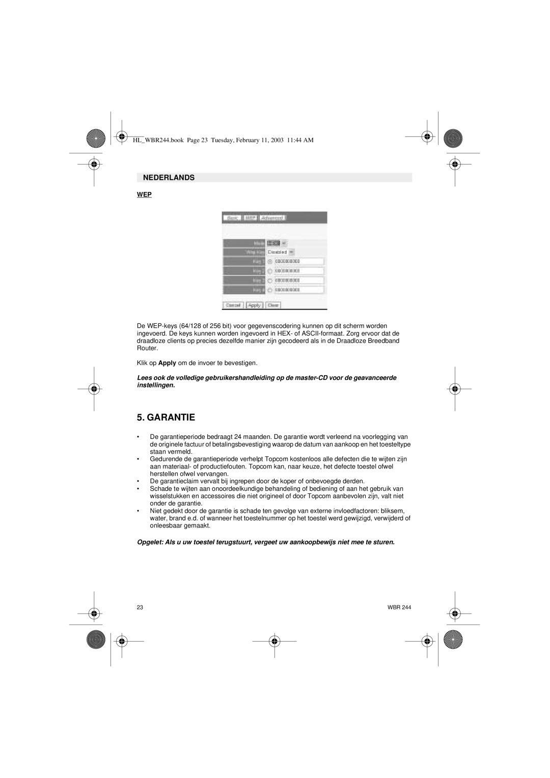 Topcom WBR 244 manual Garantie, Nederlands 