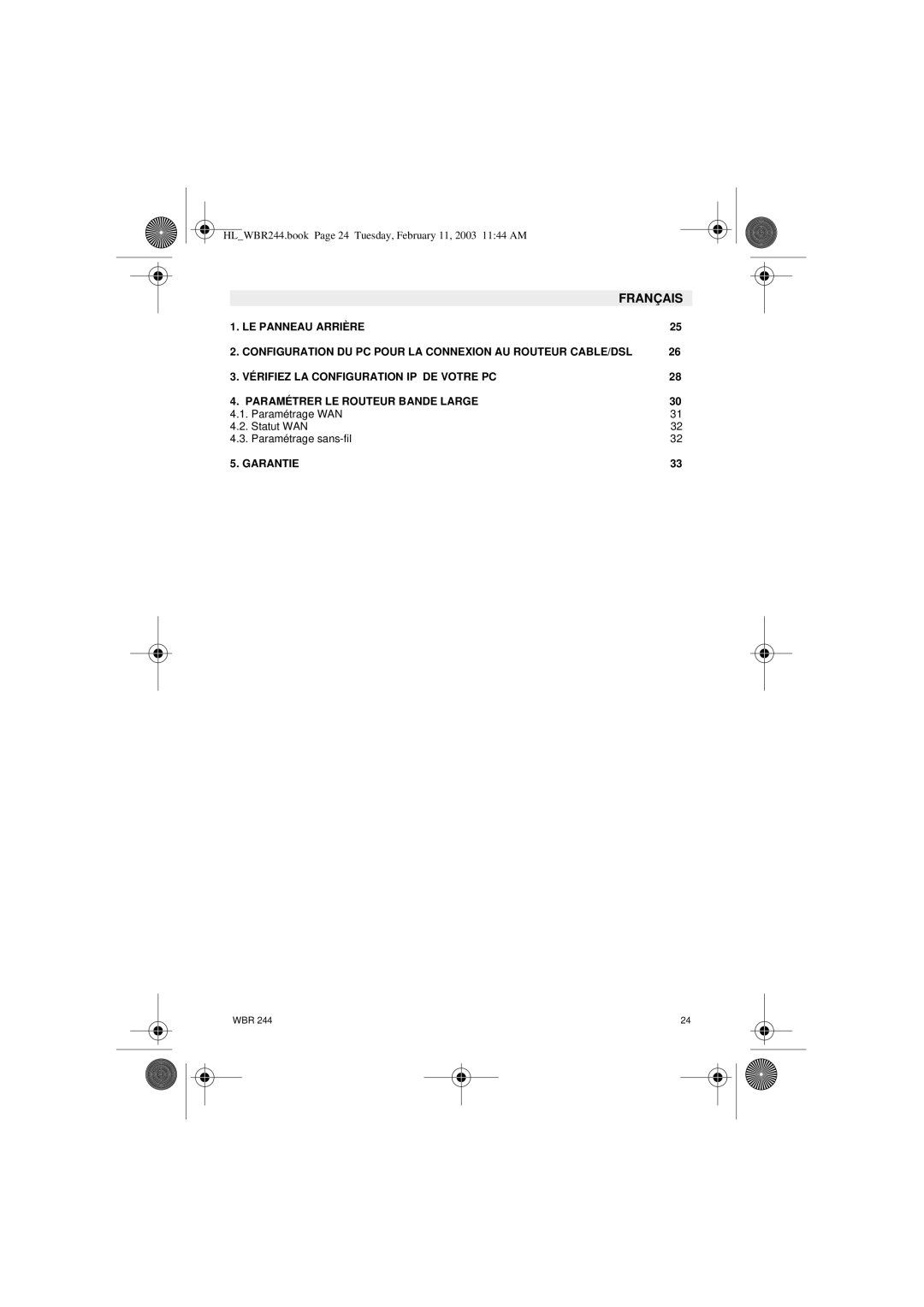 Topcom WBR 244 manual Français, Paramétrage WAN Statut WAN Paramétrage sans-fil 