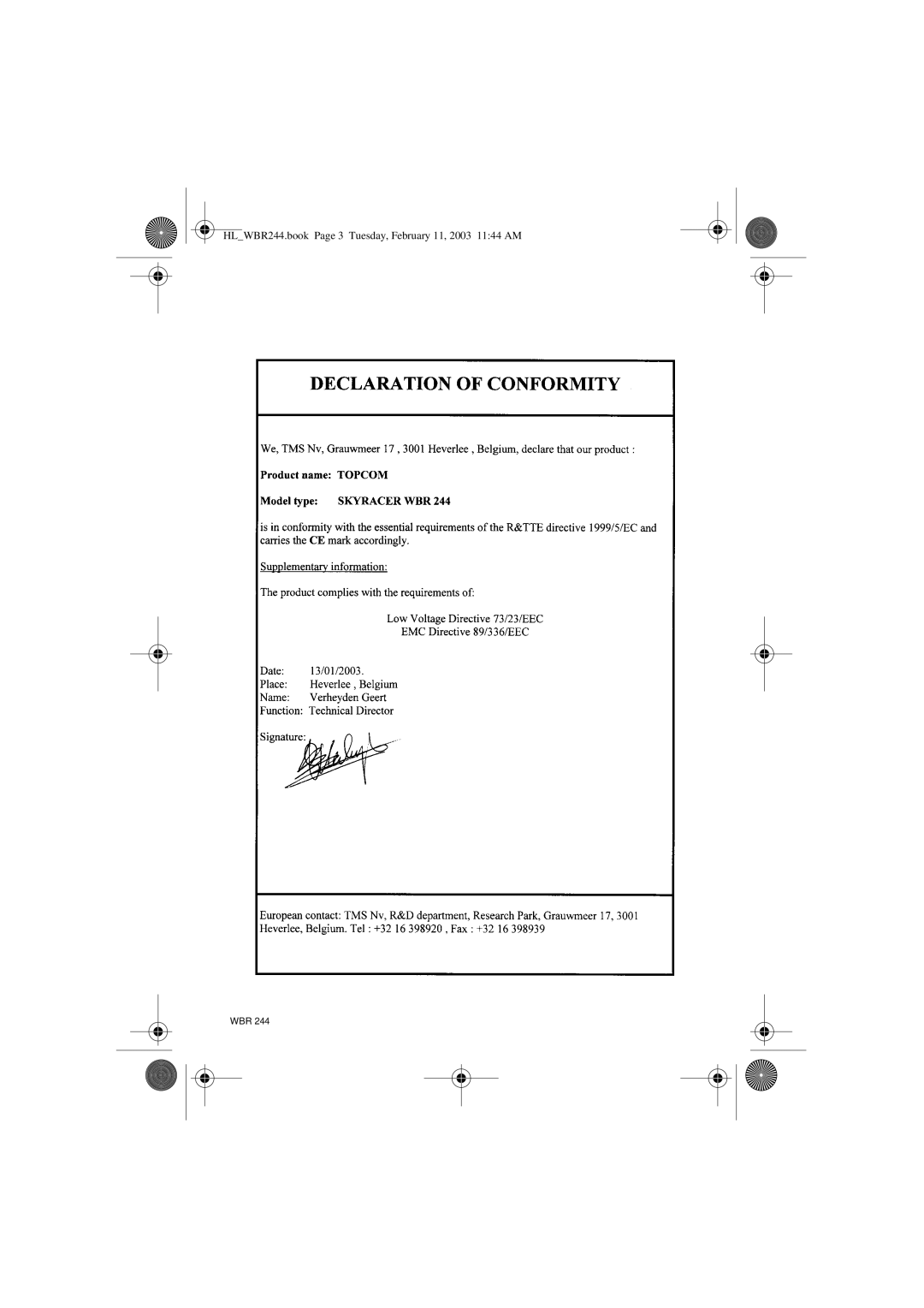 Topcom WBR 244 manual HLWBR244.book Page 3 Tuesday, February 11, 2003 1144 AM 