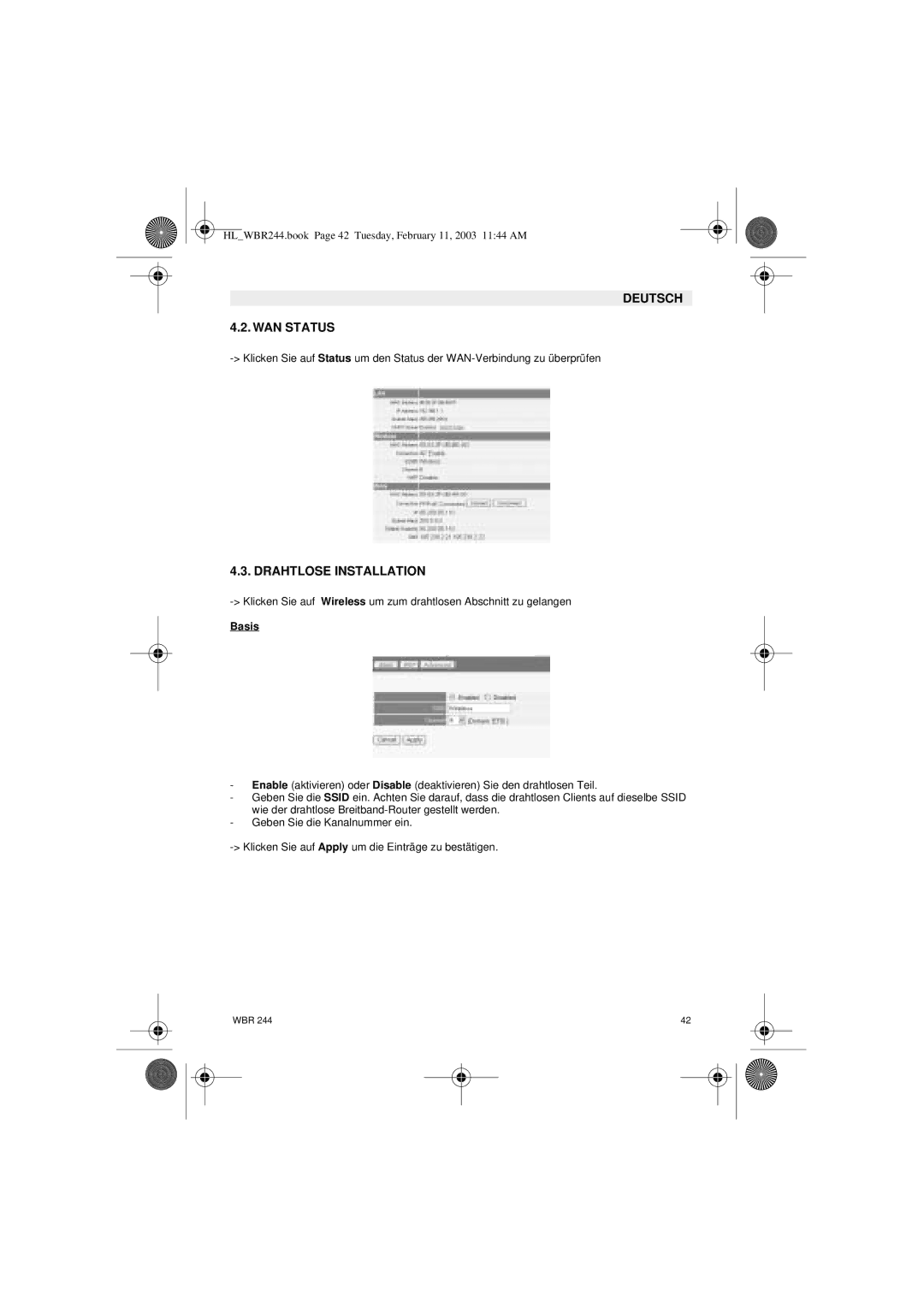 Topcom WBR 244 manual Deutsch WAN Status, Drahtlose Installation, Basis 