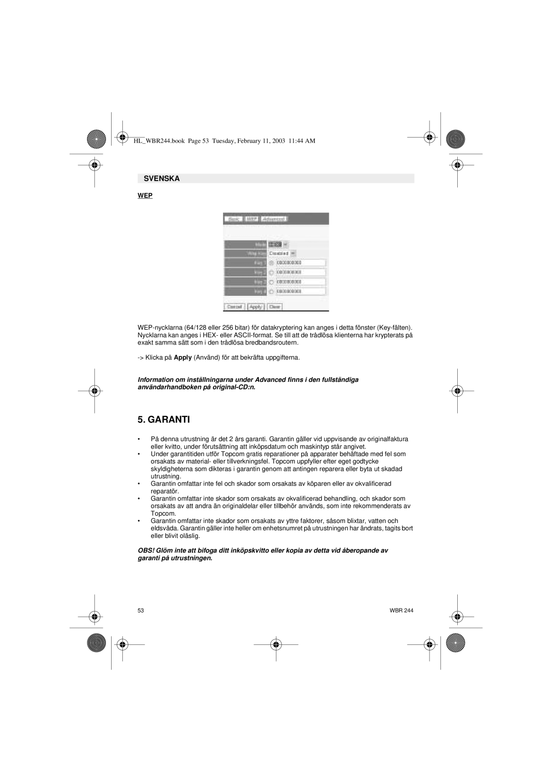 Topcom WBR 244 manual Garanti, Svenska 