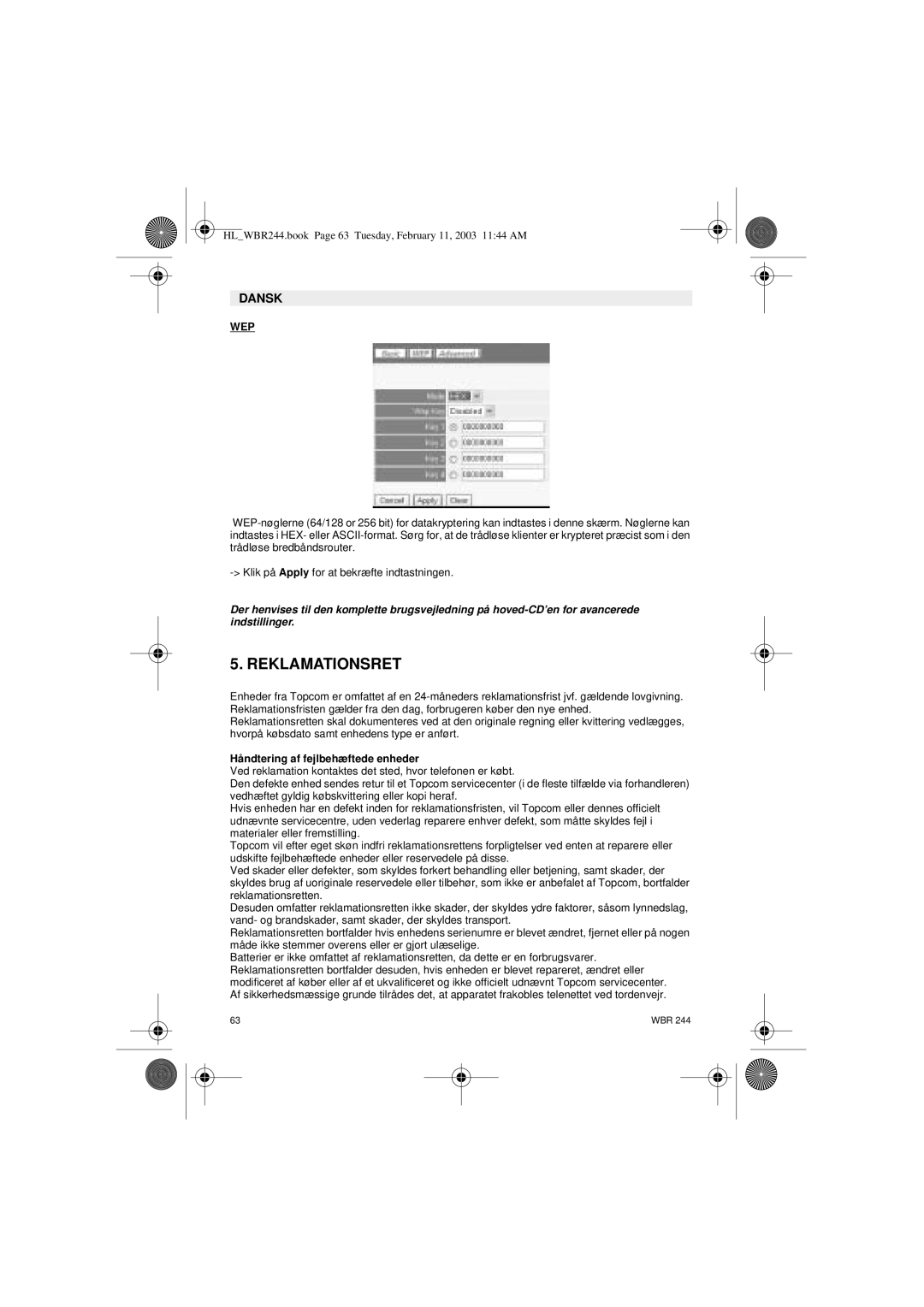 Topcom WBR 244 manual Reklamationsret, Håndtering af fejlbehæftede enheder 