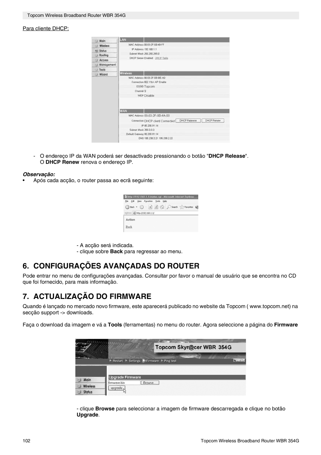 Topcom WBR 354G manual do utilizador Configurações Avançadas do Router, Actualização do Firmware 