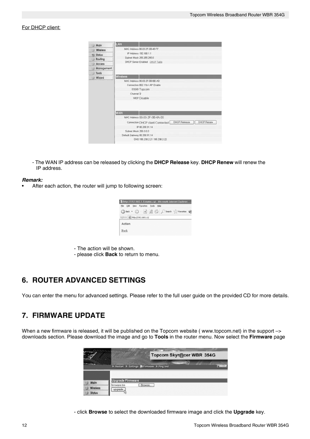 Topcom WBR 354G manual do utilizador Router Advanced Settings, Firmware Update 