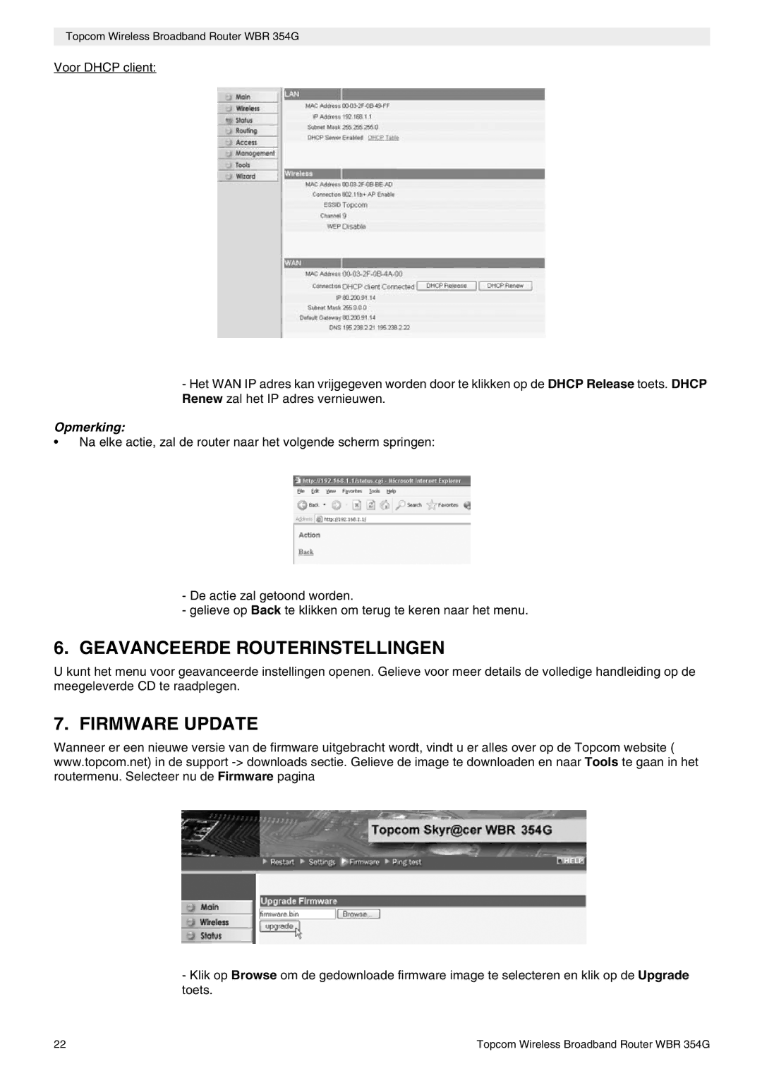 Topcom WBR 354G manual do utilizador Geavanceerde Routerinstellingen, Firmware Update 