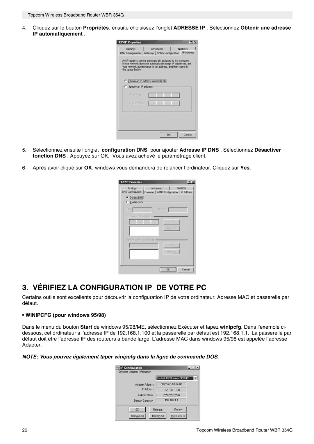 Topcom WBR 354G manual do utilizador Vérifiez LA Configuration IP DE Votre PC, Winipcfg pour windows 95/98 