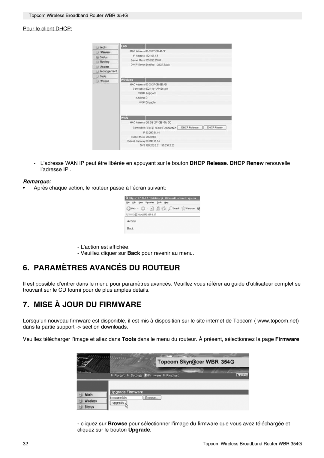 Topcom WBR 354G manual do utilizador Paramètres Avancés DU Routeur, Mise À Jour DU Firmware 