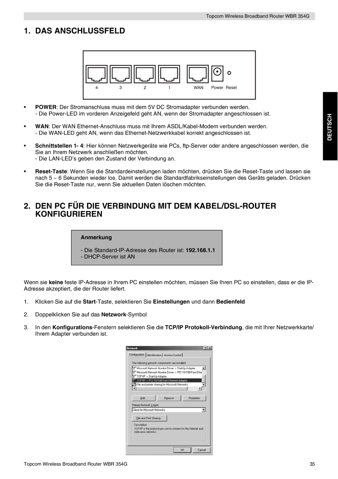 Topcom WBR 354G manual do utilizador DAS Anschlussfeld, Anmerkung 