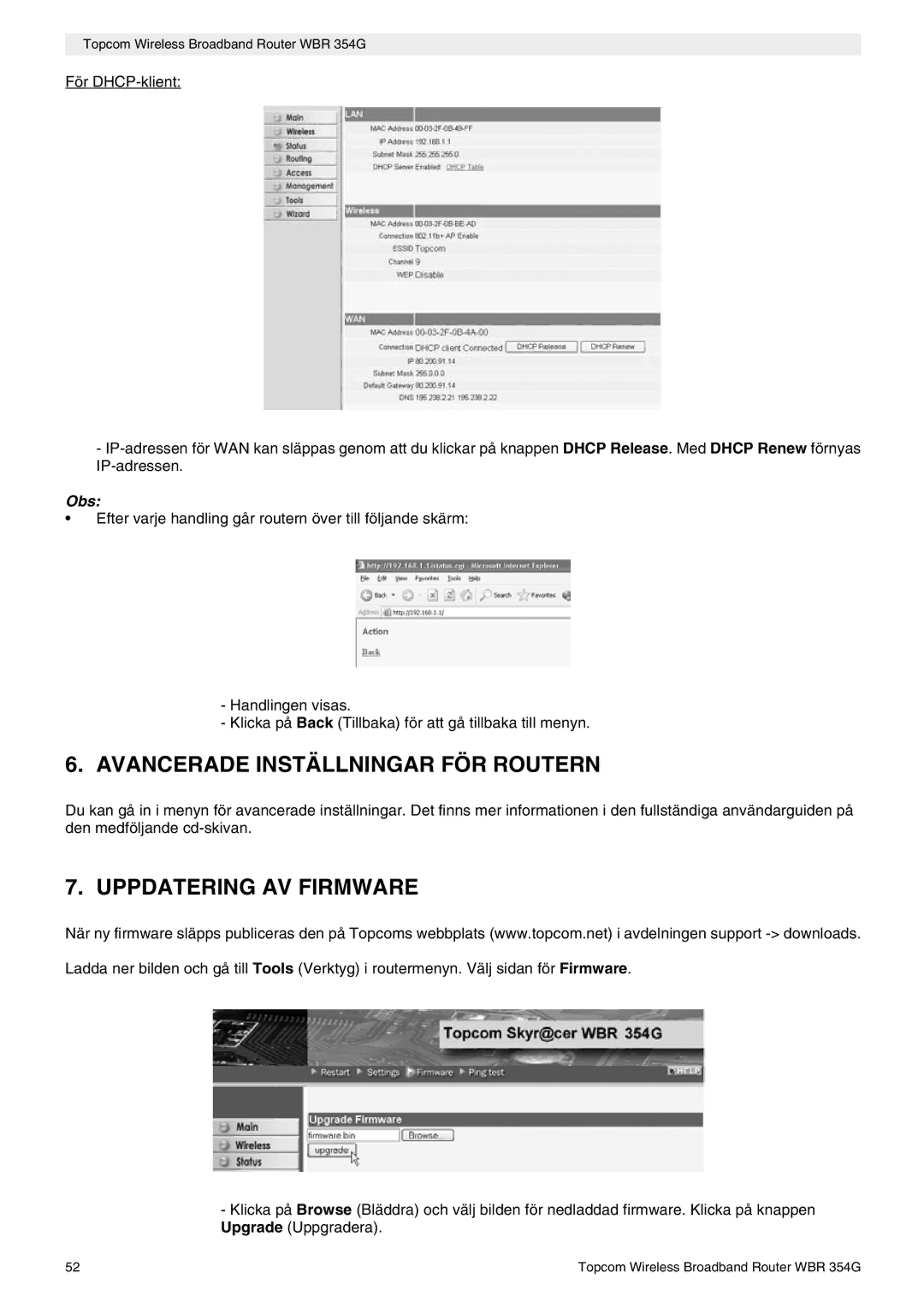 Topcom WBR 354G manual do utilizador Avancerade Inställningar FÖR Routern, Uppdatering AV Firmware 