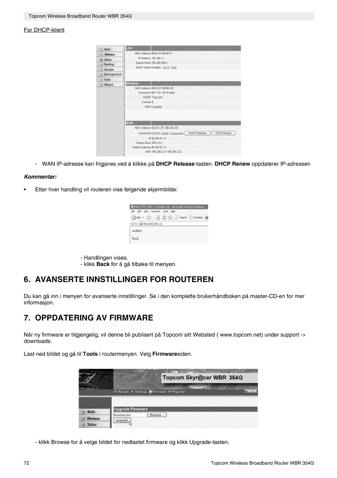 Topcom WBR 354G manual do utilizador Avanserte Innstillinger for Routeren, Oppdatering AV Firmware 