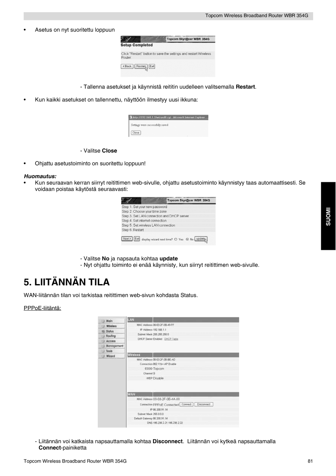 Topcom WBR 354G manual do utilizador Liitännän Tila, Huomautus 