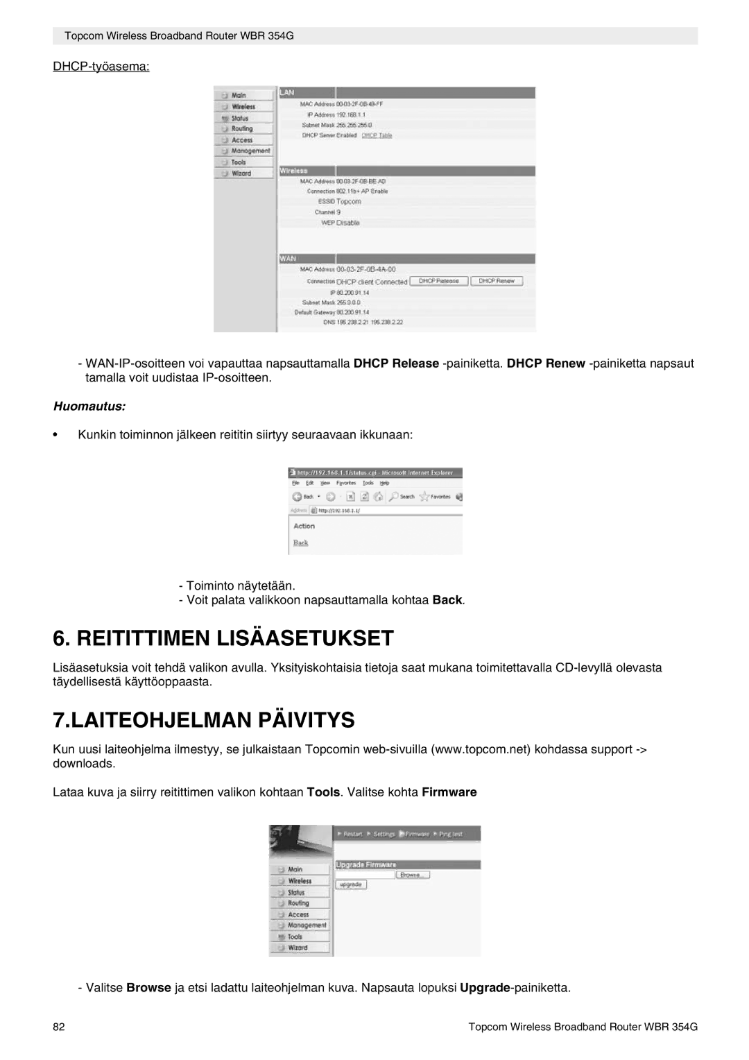 Topcom WBR 354G manual do utilizador Reitittimen Lisäasetukset 