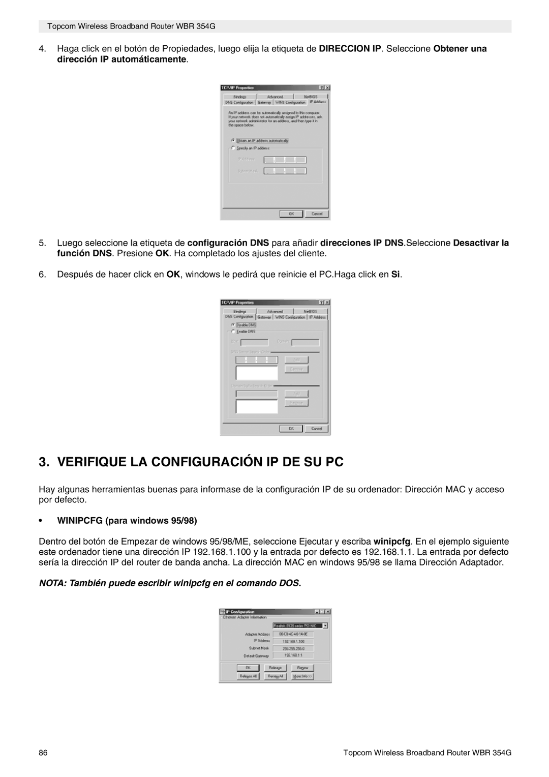 Topcom WBR 354G manual do utilizador Verifique LA Configuración IP DE SU PC, Winipcfg para windows 95/98 