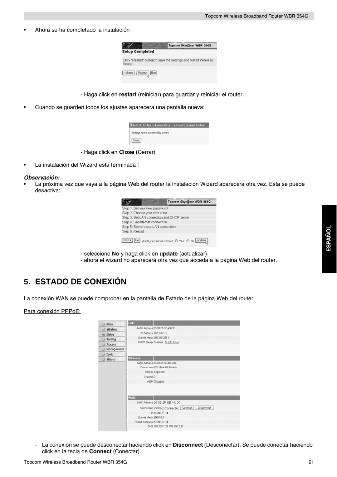 Topcom WBR 354G manual do utilizador Estado DE Conexión, Observación 