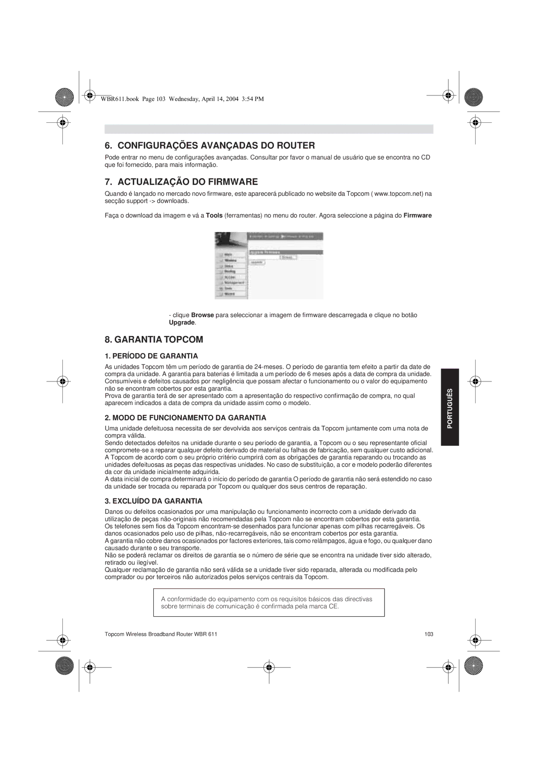 Topcom WBR 611 Configurações Avançadas do Router, Actualização do Firmware, Período DE Garantia, Excluído DA Garantia 