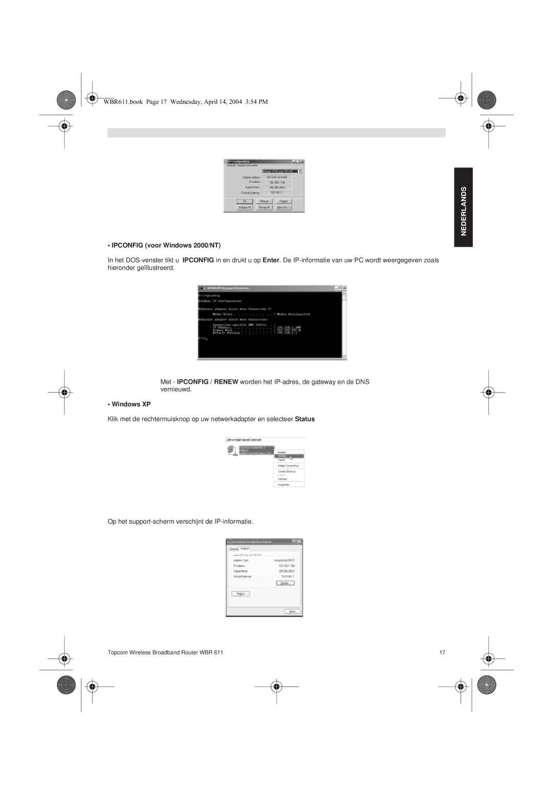 Topcom WBR 611 manual do utilizador Ipconfig voor Windows 2000/NT, Windows XP 