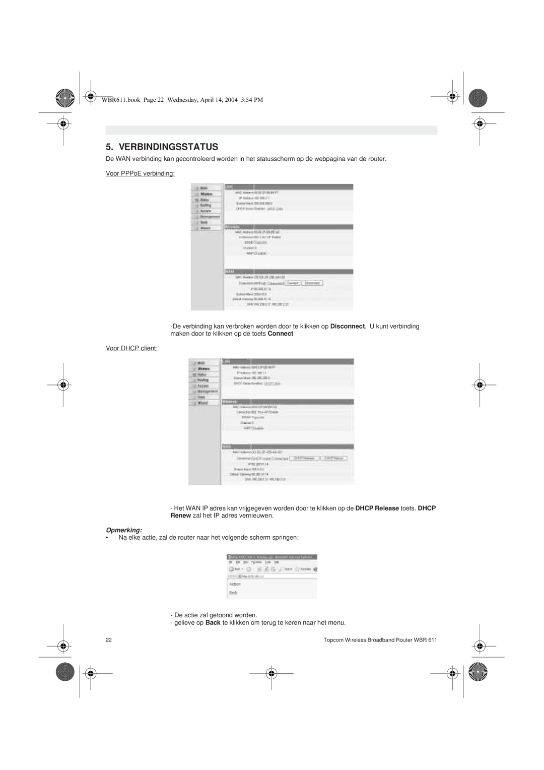Topcom WBR 611 manual do utilizador Verbindingsstatus 