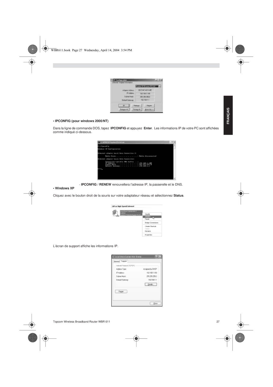 Topcom WBR 611 manual do utilizador Ipconfig pour windows 2000/NT, Windows XP 