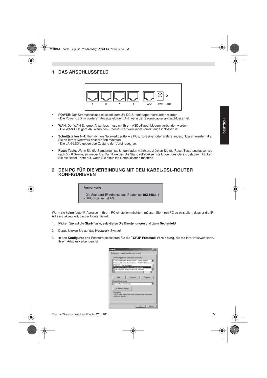 Topcom WBR 611 manual do utilizador DAS Anschlussfeld, Anmerkung 