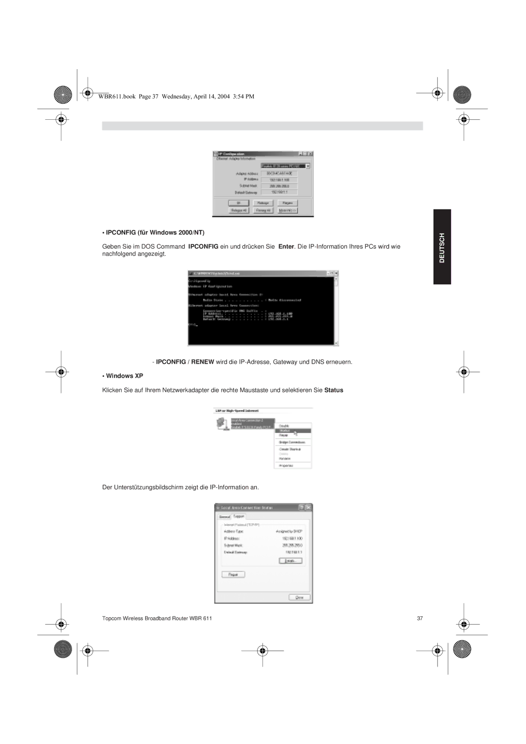 Topcom WBR 611 manual do utilizador Ipconfig für Windows 2000/NT, Windows XP 