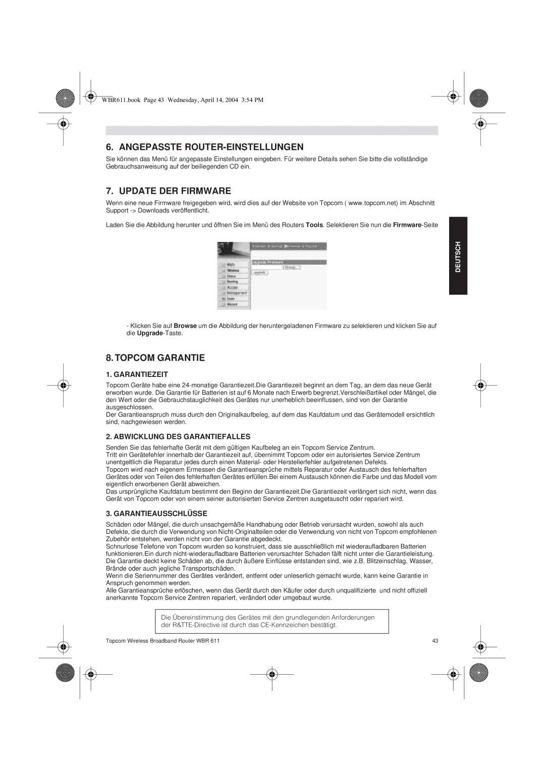 Topcom WBR 611 Angepasste ROUTER-EINSTELLUNGEN, Update DER Firmware, Garantiezeit, Abwicklung DES Garantiefalles 