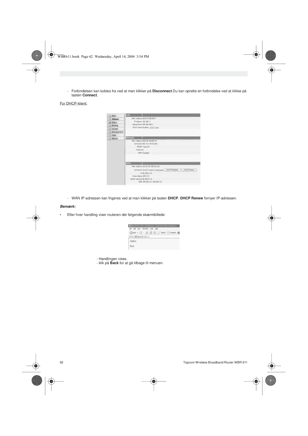 Topcom WBR 611 manual do utilizador WBR611.book Page 62 Wednesday, April 14, 2004 354 PM 