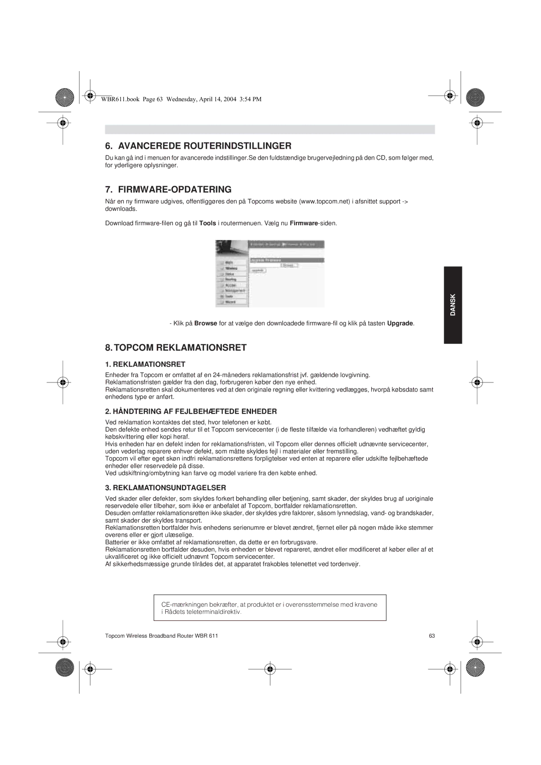 Topcom WBR 611 manual do utilizador Avancerede Routerindstillinger, Firmware-Opdatering, Topcom Reklamationsret 