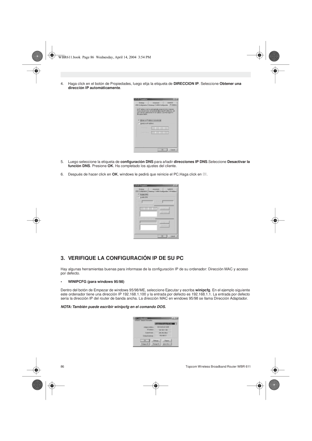 Topcom WBR 611 manual do utilizador Verifique LA Configuración IP DE SU PC, Winipcfg para windows 95/98 