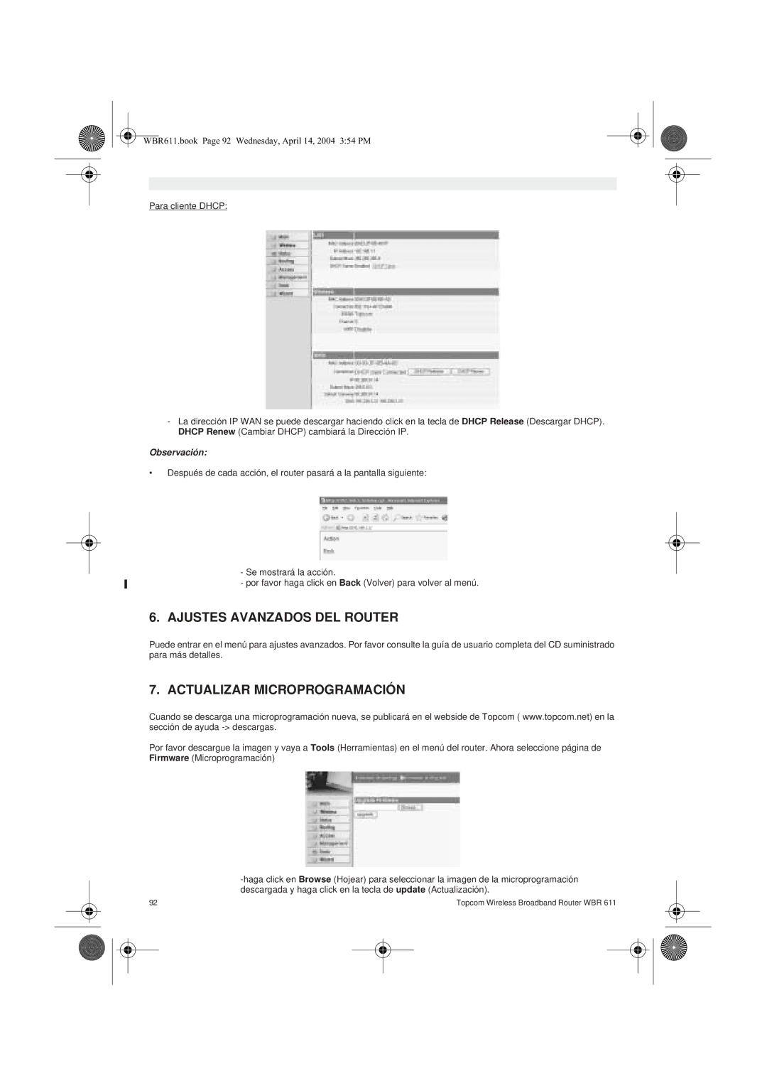 Topcom WBR 611 manual do utilizador Ajustes Avanzados DEL Router, Actualizar Microprogramación 