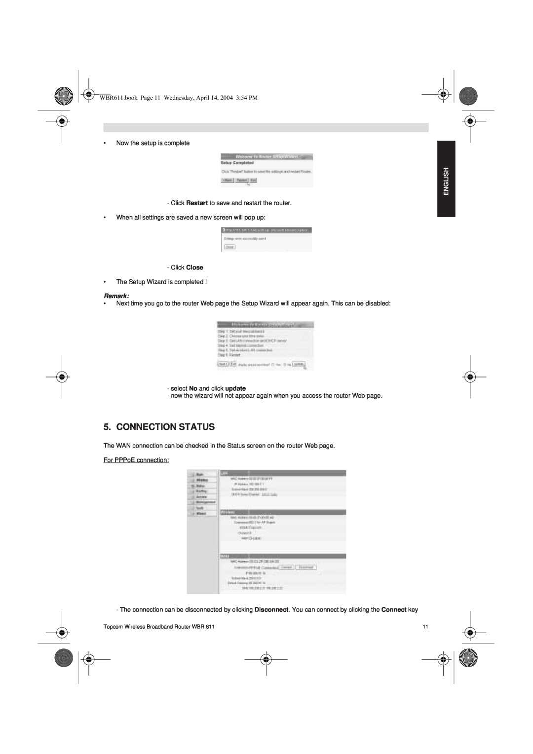 Topcom WBR 611 manual do utilizador Connection Status, Remark, English 