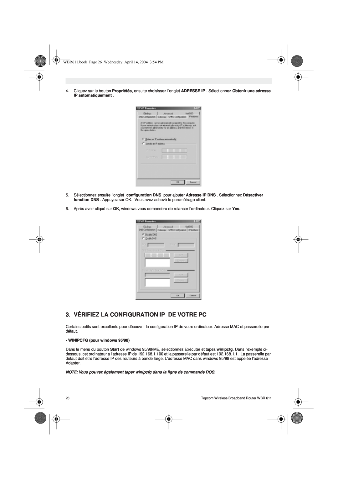 Topcom WBR 611 manual do utilizador 3. VÉRIFIEZ LA CONFIGURATION IP DE VOTRE PC, WINIPCFG pour windows 95/98 