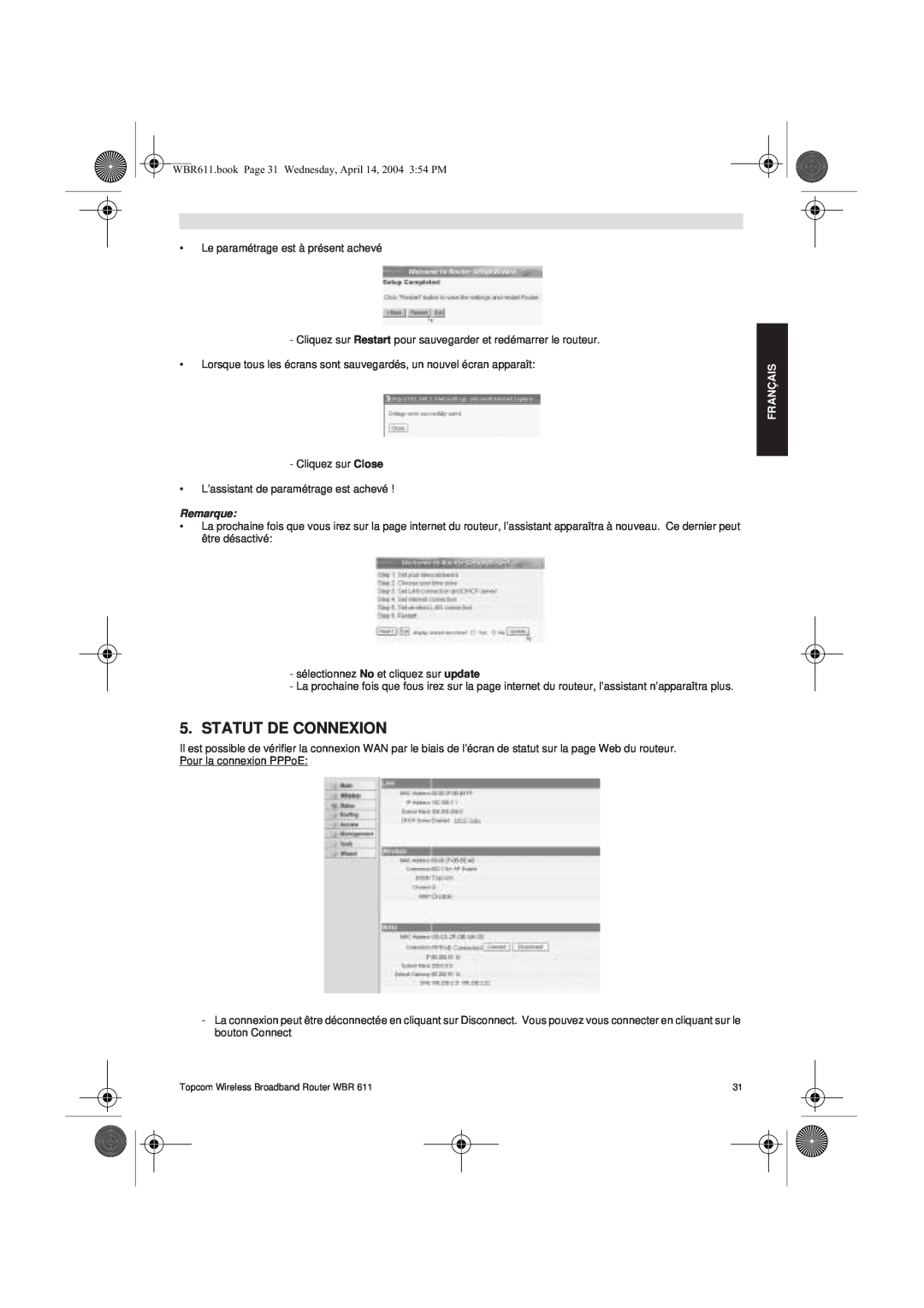 Topcom WBR 611 manual do utilizador Statut De Connexion, Remarque, Français 