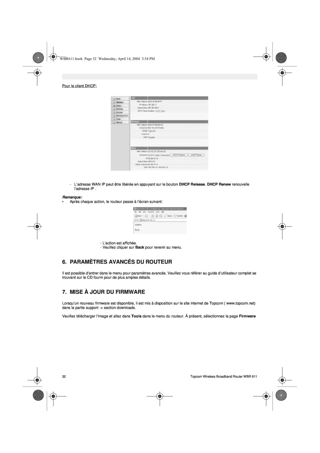 Topcom WBR 611 manual do utilizador Paramètres Avancés Du Routeur, Mise À Jour Du Firmware, Remarque 