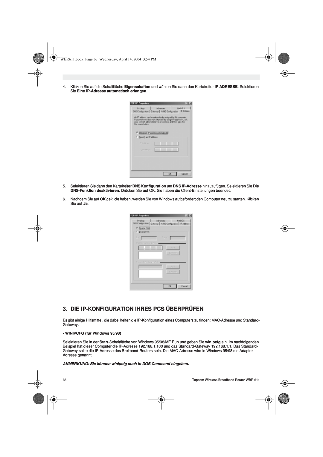 Topcom WBR 611 manual do utilizador Die Ip-Konfiguration Ihres Pcs Überprüfen, WINIPCFG für Windows 95/98 