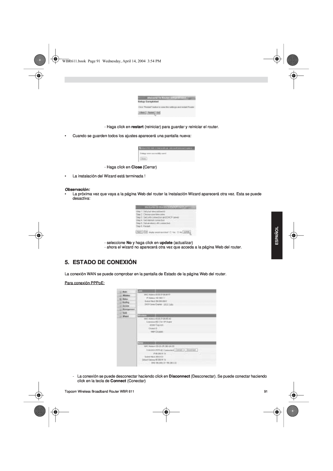 Topcom WBR 611 manual do utilizador Estado De Conexión, Observación, Español 