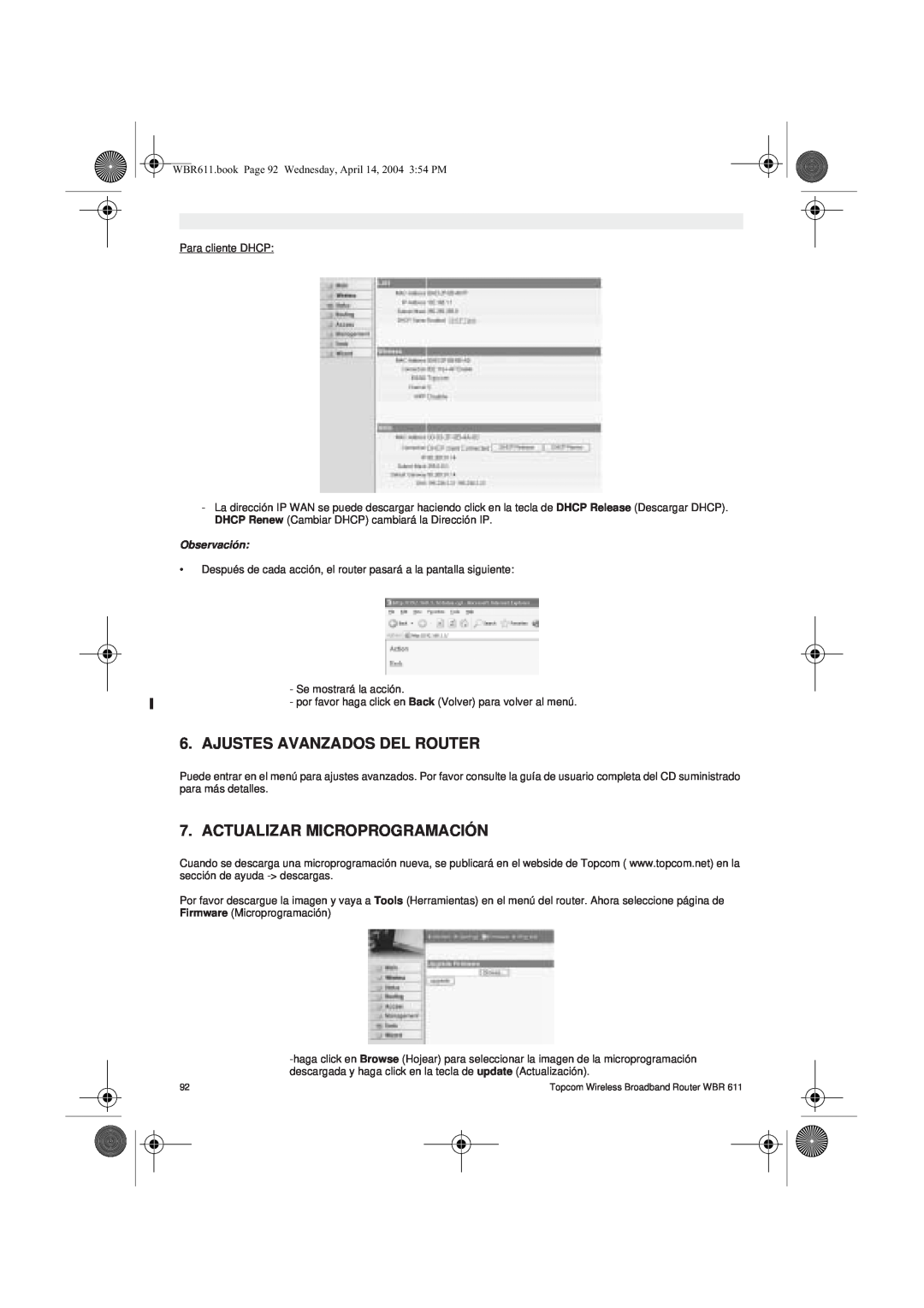Topcom WBR 611 manual do utilizador Ajustes Avanzados Del Router, Actualizar Microprogramación, Observación 