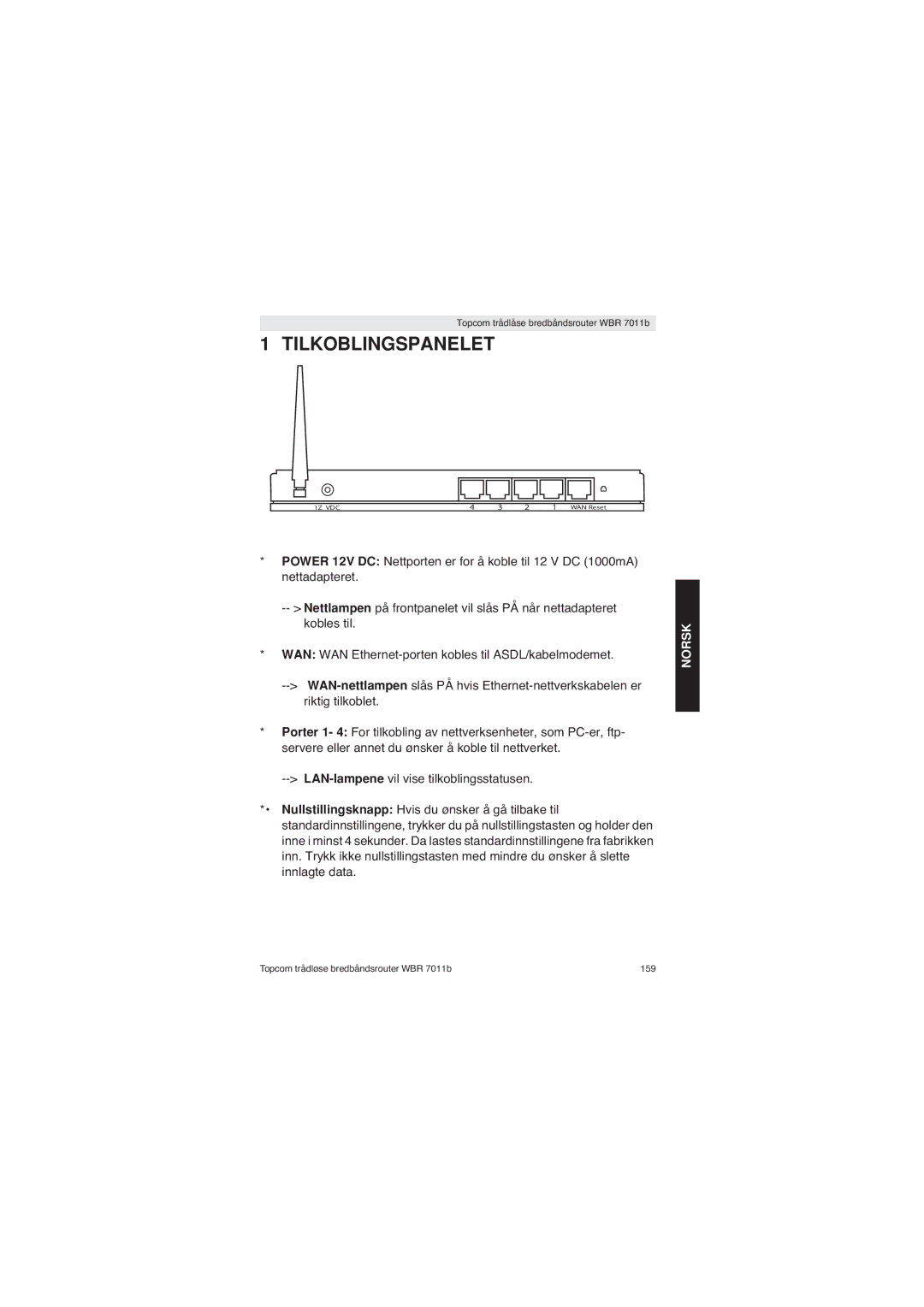 Topcom WBR 7011 B manual Tilkoblingspanelet 