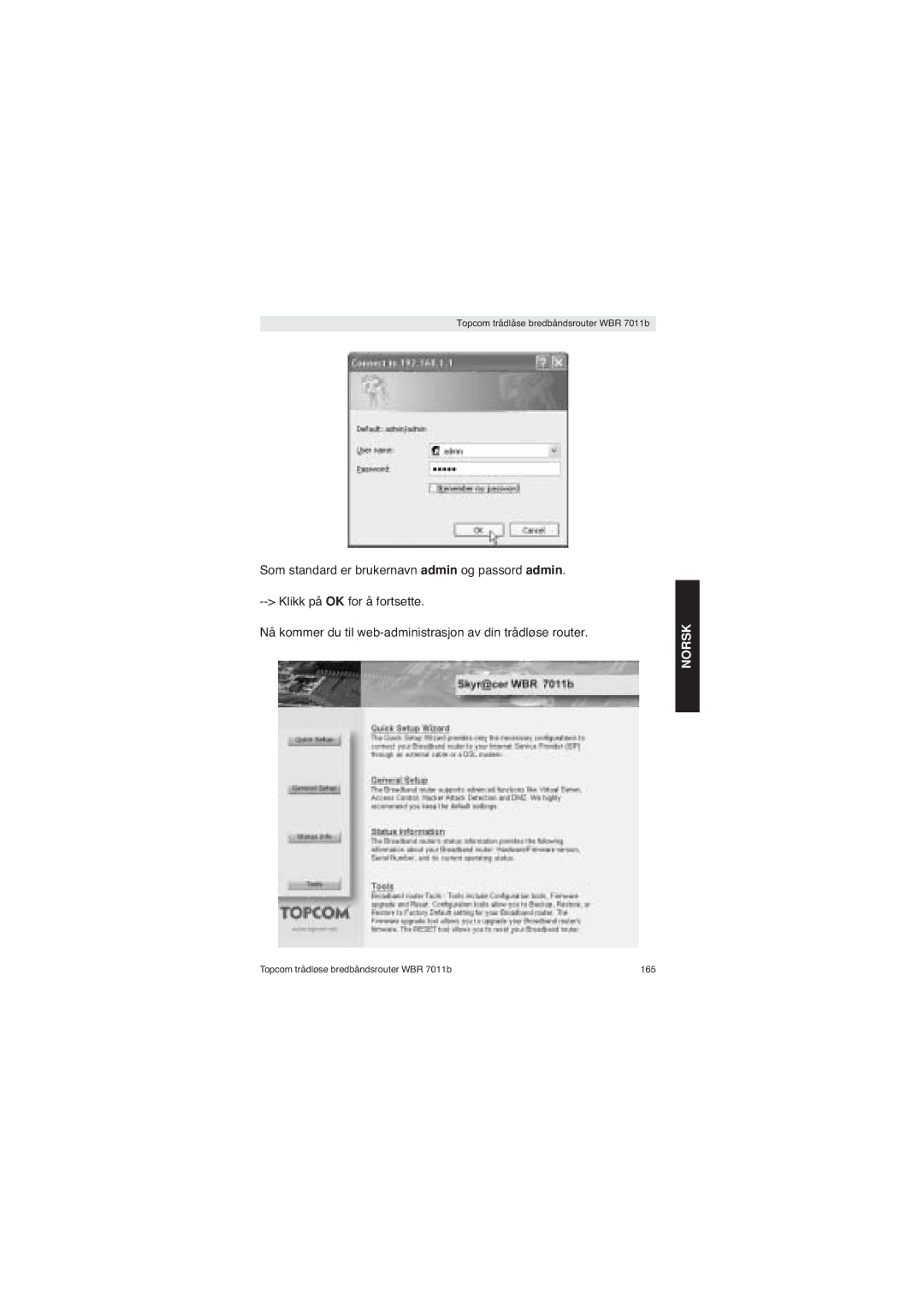 Topcom WBR 7011 B manual Topcom trådløse bredbåndsrouter WBR 7011b 165 