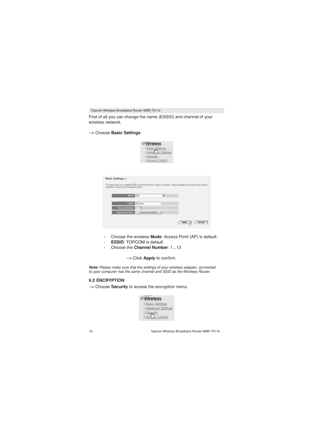 Topcom WBR 7011 B manual Choose Basic Settings, Encryption, Choose Security to access the encryption menu 