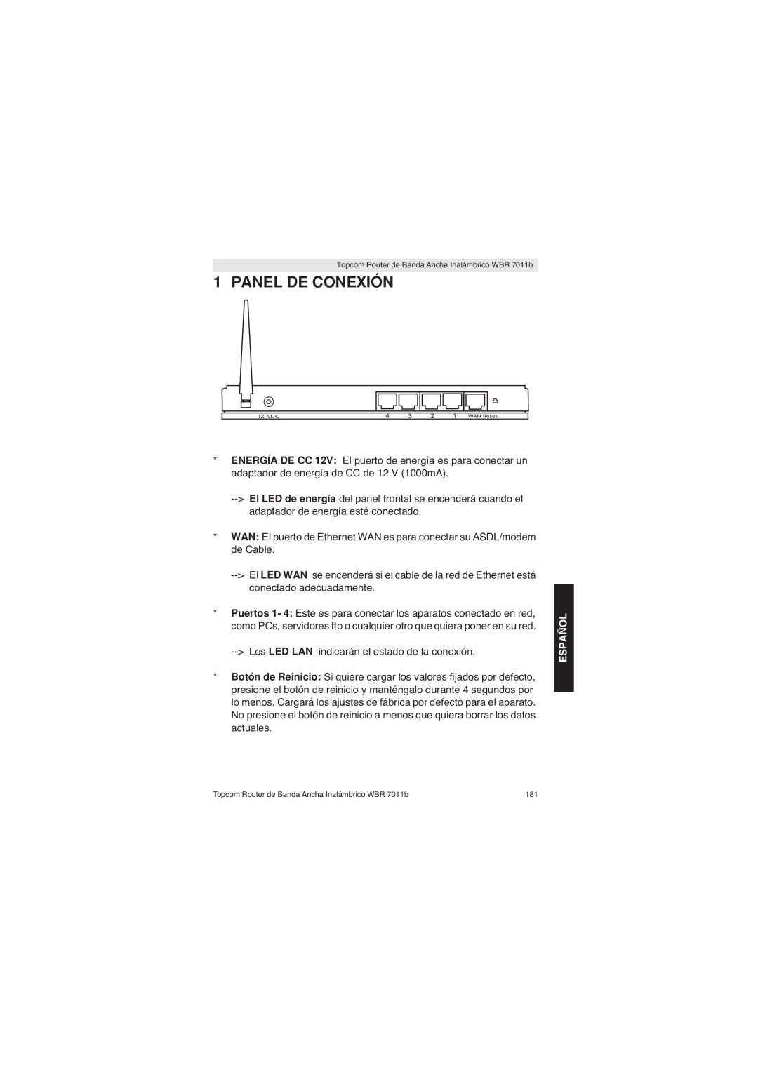 Topcom WBR 7011 B manual Panel DE Conexión, Español 