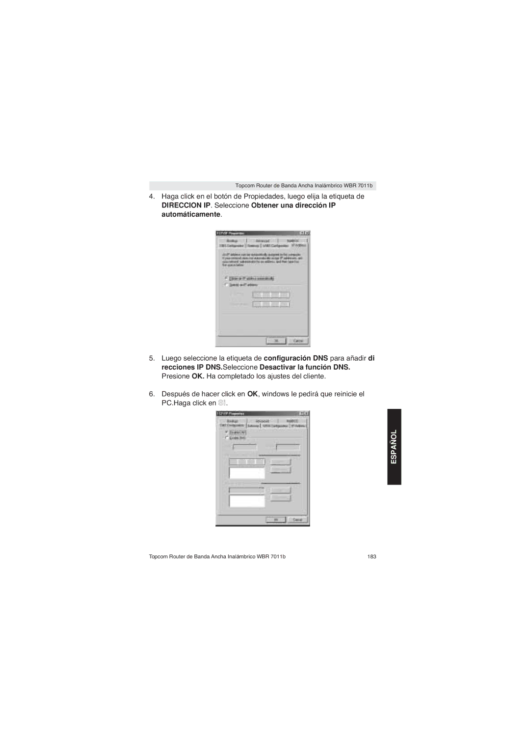 Topcom WBR 7011 B manual Topcom Router de Banda Ancha Inalámbrico WBR 7011b 183 