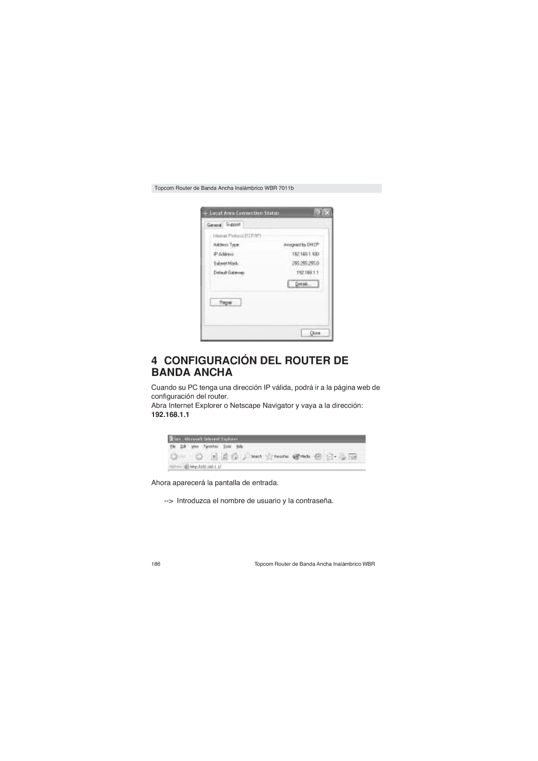 Topcom WBR 7011 B manual Configuración DEL Router DE Banda Ancha, 192.168.1.1 