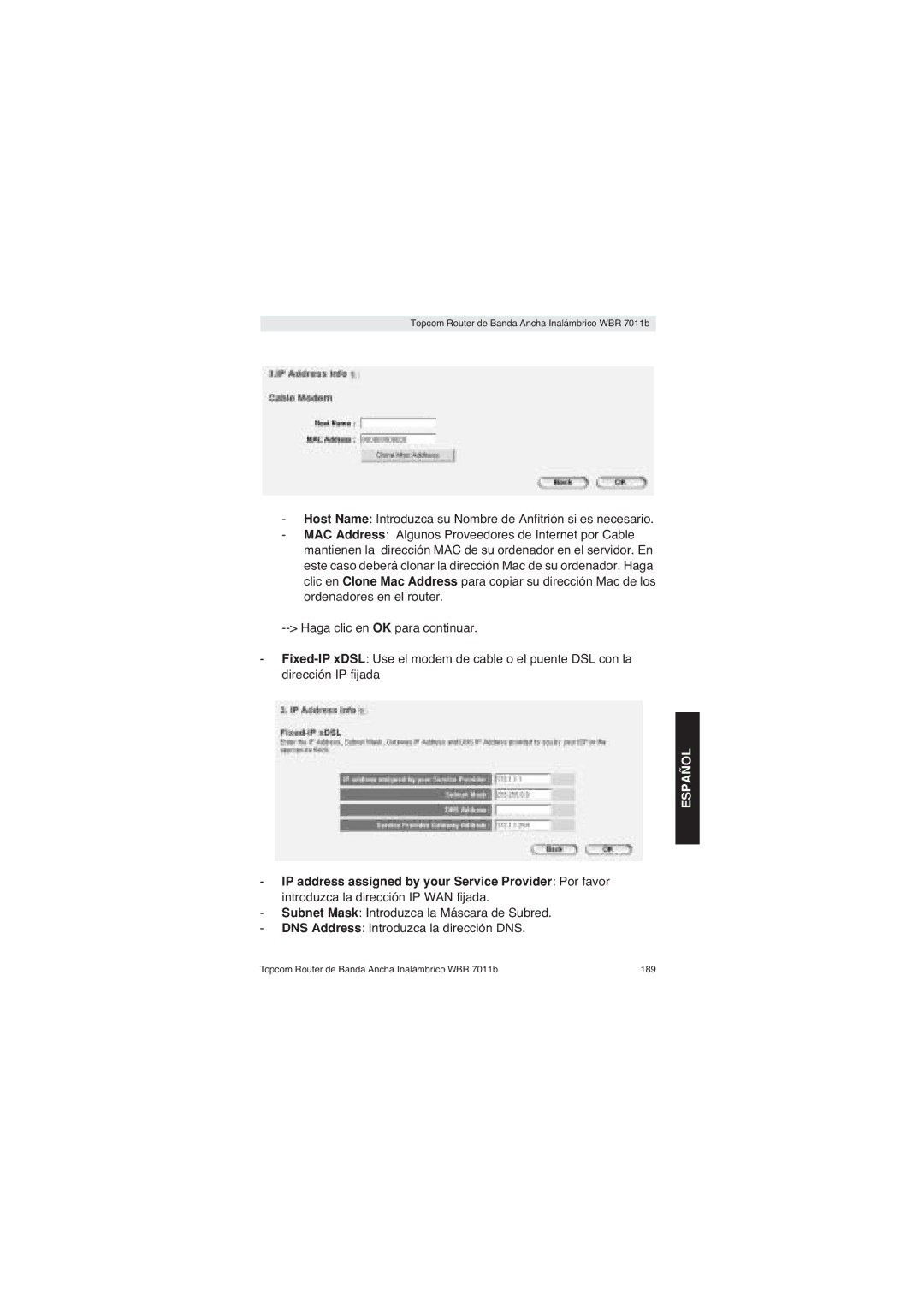 Topcom WBR 7011 B manual Topcom Router de Banda Ancha Inalámbrico WBR 7011b 189 