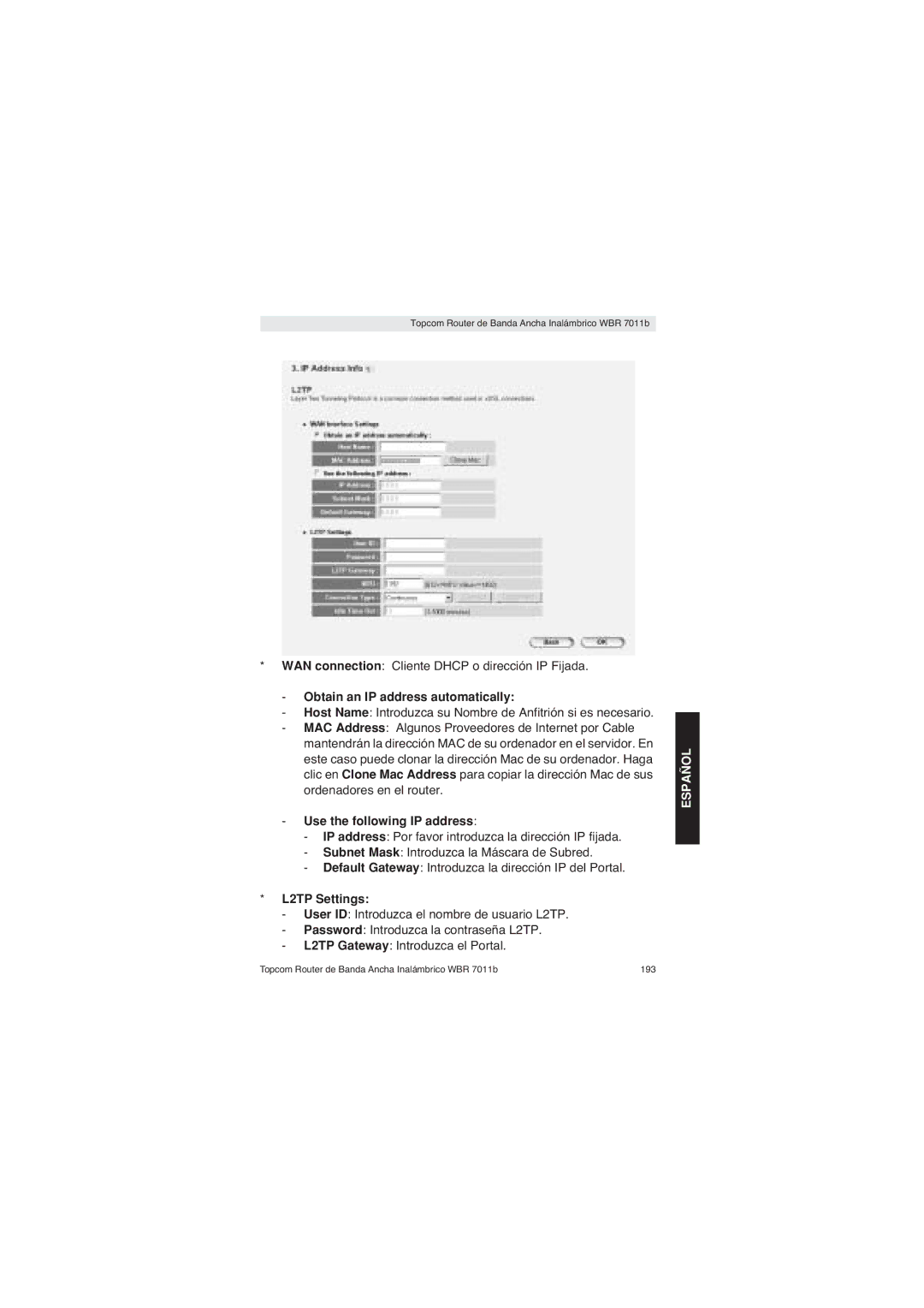 Topcom WBR 7011 B manual Topcom Router de Banda Ancha Inalámbrico WBR 7011b 193 